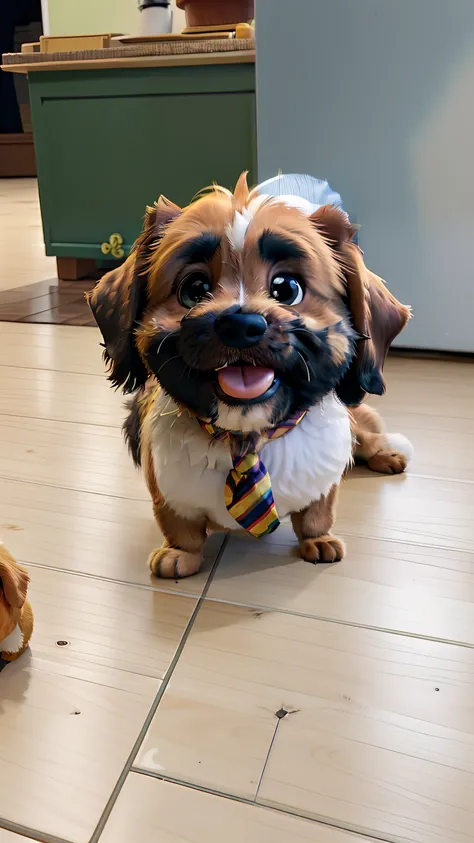 Theres a small dog sitting on a tiled floor with a tie around his neck, peludo bonito precisa de sua ajuda, Shih Tzu, havanese dog, 2 anos, an afghan male type, aw, Directed by: Emma Andijewska, with a happy expression, happily smiling at the camera, um bo...