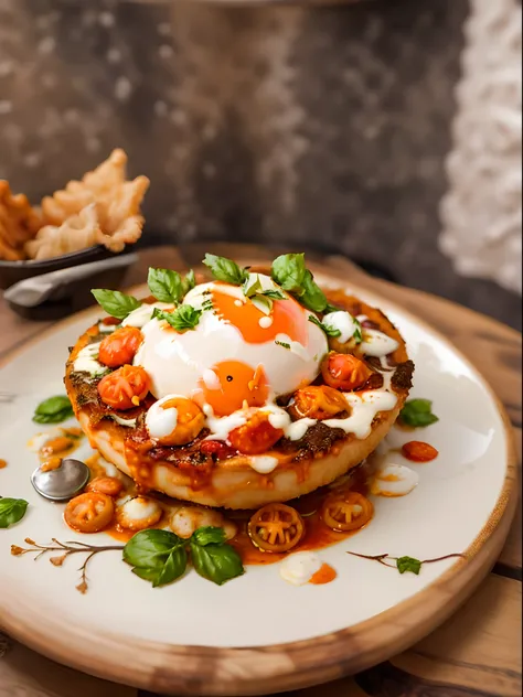 Black table on which two soup plates are placed.
in the first soup plate is a nested BOLOGNAISE pasta dish made of minced meat, de carottes, doignons en morceaux, tomato sauce 
In the second soup plate there is a Caesar salad made of chicken, de copeaux de...