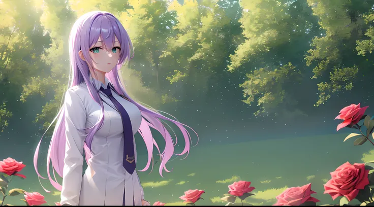 Athena with plain long light purple hair,hair between eyes,green eyes,rosy cheeks,full lips,thin eyebrows,slender body,wearing school coat necktie and full long skirt,cute anime girl,full body,red roses field in background,anime style,extremely deep depth ...