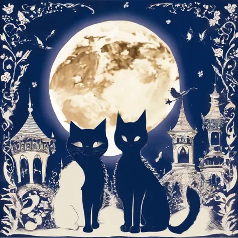 Silhouette three Cat Concert with a super large fullmoon in the background on the roof　Fantastic atmosphere　Picture book illustrations　watercolor paiting　Overall, the color is strong dark blue