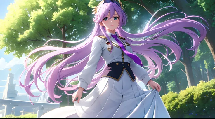 Athena with plain long light purple hair,hair between eyes,green eyes,rosy cheeks,full lips,thin eyebrows,slender body,wearing school coat necktie and full long skirt,cute anime girl,full body,fortress with trees in background,anime style,extremely deep de...