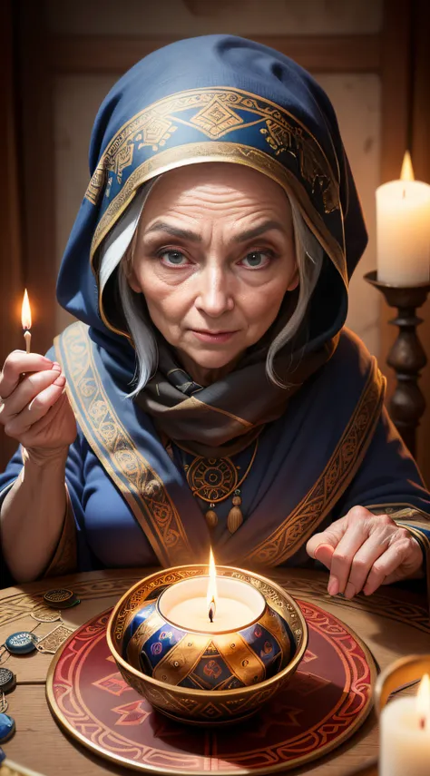 Create an image of an elderly fortune teller sitting at a table with tarot cards scattered all over the surface. The fortune teller should have a mysterious aura, wearing traditional attire like a flowing robe and a scarf over her head, and she should appe...