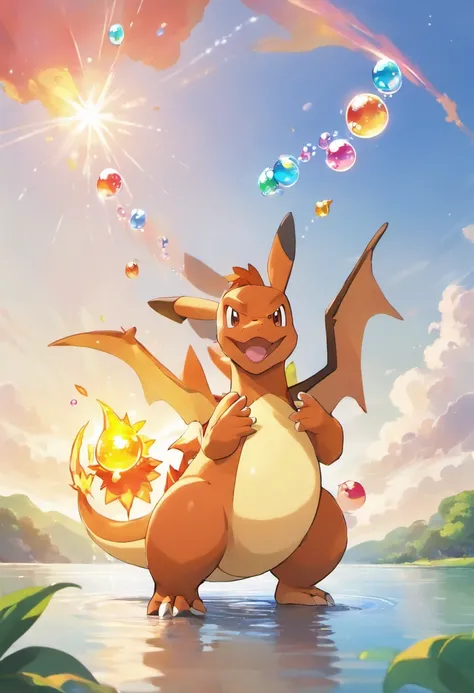 A heartwarming scene in ultra-high-definition 3D showing a Charizard making a wish next to a tranquil lake. Charizard, lindamente renderizado em detalhes, It is seen gently blowing bubbles of fire into the air, each carrying a hopeful desire. As chamas cap...