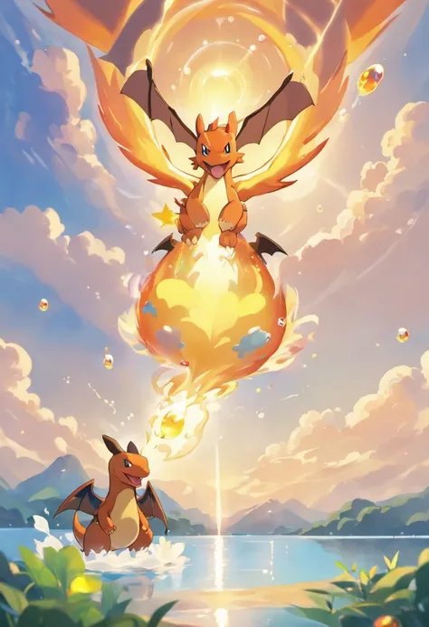 A heartwarming scene in ultra-high-definition 3D showing a Charizard making a wish next to a tranquil lake. Charizard, lindamente renderizado em detalhes, It is seen gently blowing bubbles of fire into the air, each carrying a hopeful desire. As chamas cap...