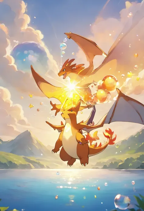 A heartwarming scene in ultra-high-definition 3D showing a Charizard making a wish next to a tranquil lake. Charizard, lindamente renderizado em detalhes, It is seen gently blowing bubbles of fire into the air, each carrying a hopeful desire. As chamas cap...