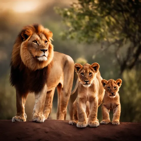 Family of a lion, three baby lion and a lioness