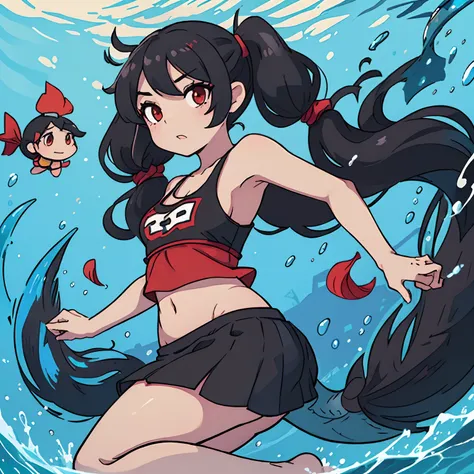 Ashley from warioware( young girl, black hair in long twintails, red eyes, blank expression) small camisole top, mermaid, mermaid tail, midriff, underwater, bbw