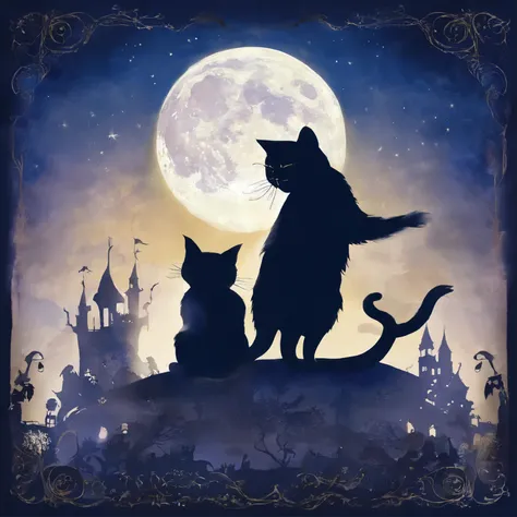 Silhouette three Cat Concert with a super large fullmoon in the background on the roof　Fantastic atmosphere　Picture book illustrations　watercolor paiting　Overall, the color is strong dark blue