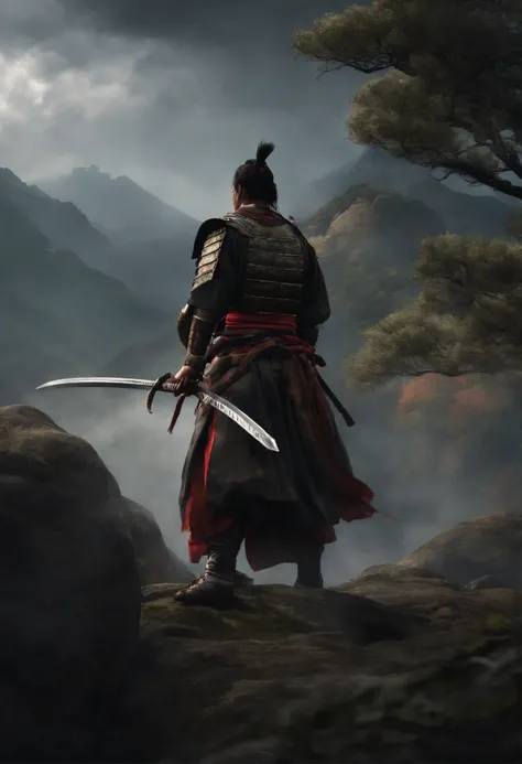 (best quality,4k,highres,masterpiece:1.2),ultra-detailed,realistic:1.37,fierce samurai,(ancient,traditional:1.1) warrior,lost in time,chaotic world,dragon companion,skilled swordsmanship,warriors honor,overgrown landscape,desolate scenery,dark atmosphere,c...