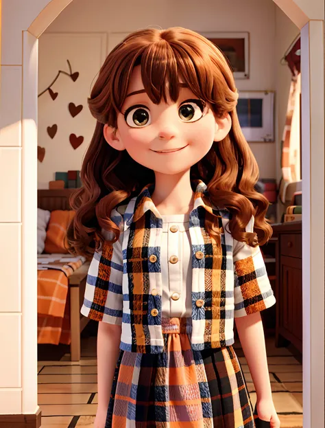 An eleven-year-old medium-haired girl in an orange checkered dress smiling at her home