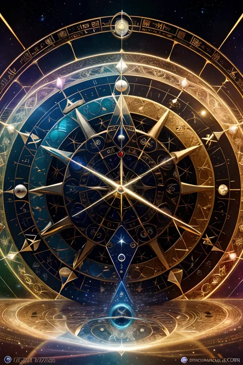 Alafards image of a circular clock with seven jewels with the colors of the rainbow Infinity Space Clock Background, astrolabe, Star - Futurists Gate, inter dimensional clockwork, geometria e astrologia, interplanetary cathedral, interstellar vortex throug...