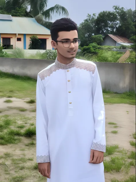 arafed man in white shirt standing in front of a building, wearing a kurta, riyahd cassiem, wearing a silk kurta, ismail, background is heavenly, a handsome, young commoner, dressed thobe, mohamed chahin, wearing an old tunic, inspired by Bikash Bhattachar...