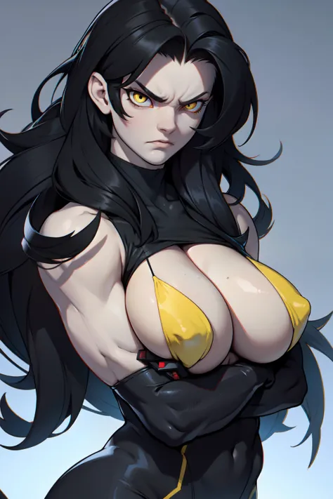 pale skin 1 girl bodybuilder huge tits black hair yellow eyes very long hair angry