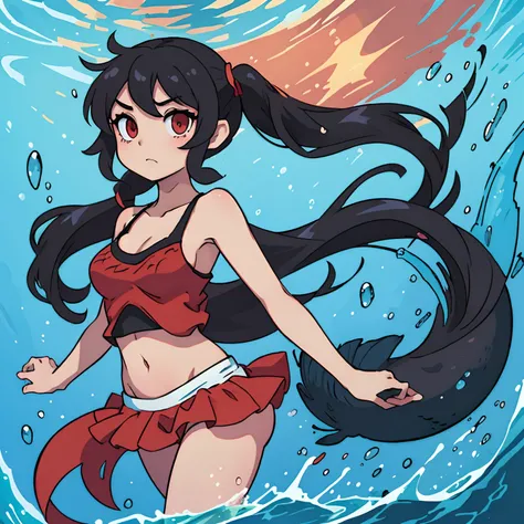 Ashley from warioware( young girl, black hair in long twintails, red eyes, blank expression) transparent camisole top, mermaid, mermaid tail, midriff, underwater,  large breats