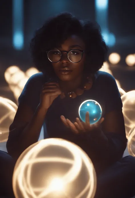 ((1girl)), anime, short dark hair, dark skin, shiny glasses lenses, mouth closed and expressionless, sitting, with her hands holding a glowing orb while two other glowing spheres orbit around her.