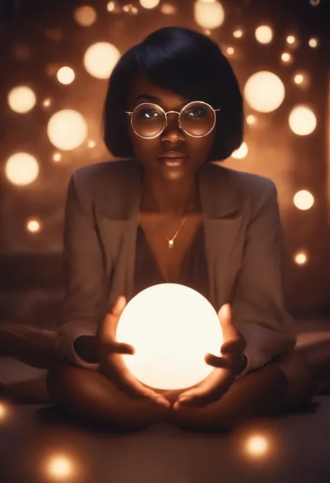 ((1girl)), anime, short dark hair, dark skin, shiny glasses lenses, mouth closed and expressionless, sitting, with her hands holding a glowing orb while two other glowing spheres orbit around her.