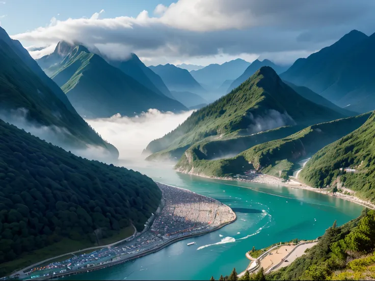 (Best Quality,High quality:1.2),hight resolution, Colorful, Towering Mountains々Panoramic view of, Majestic mountains shrouded in fog々, A roaring river with raging waves, A meandering river, Breathtaking natural landscapes