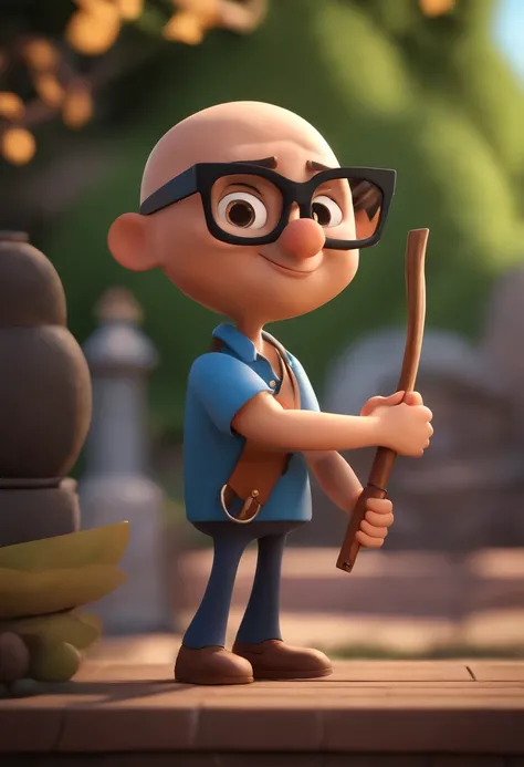 Cartoon character of a dark brunette man with black glasses and a blue shirt, , Bald Man Playing Cross Flute Animation Character, Caractere estilizado, animation style rendering, 3D estilizado, Arnold Maya render, 3 d render stylized, toon render keyshot, ...