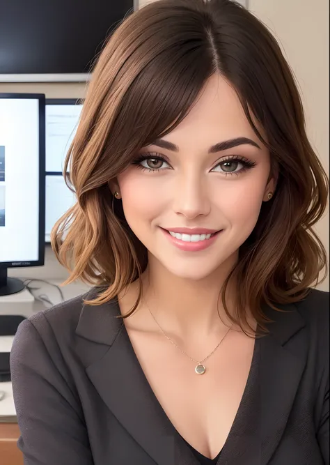 Mujer sin gafas, muy elegante, sonriendo presentando, una noticia en un escritorio, sentado frente a un estudio de tv