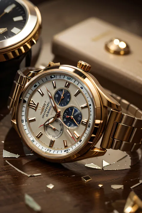 luxury watch, destroyed glass and dial