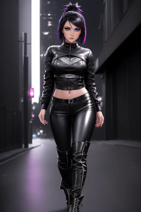 beautiful girl, ((standing:1.4)), (confident gaze:1.1), full body, short bright neon streaked black hair, ((realistic highly detailed eyes:1.4)), ((seductive pose:1.2)), black eyeshadow, (street style wear:1.2), ((tight fitted pants)), ((knee high leather ...