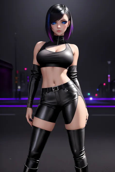 beautiful girl, ((standing:1.4)), (confident gaze:1.1), full body, short bright neon streaked black hair, ((realistic highly detailed eyes:1.4)), ((seductive pose:1.2)), black eyeshadow, (street style wear:1.2), ((tight fitted pants)), ((knee high leather ...