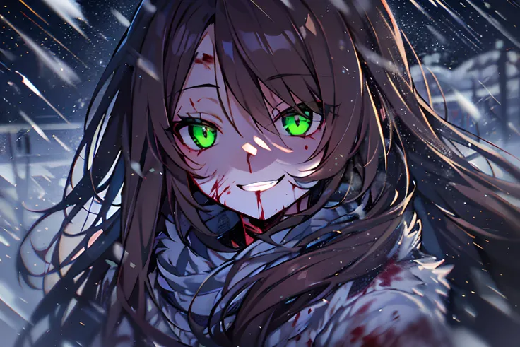 hight resolution,Anime girl with glowing green eyes, glowing eyes, standing in snow, looking into camera, smirking, long brown hair, dark shadow over face, night time, blood splatter on face, spikey long hair, dark brown