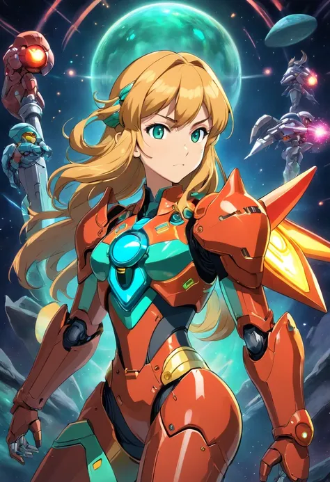 Imagine Samus Aran from the Metroid video game wearing a detailed armor inspired by the Knights of the Zodiac. This armor is colorful and ornate, with golden details and elements representative of the knights. Samus is in a heroic pose, with her hand raise...