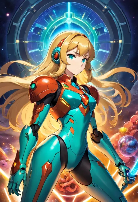 Imagine Samus Aran from the Metroid video game wearing a detailed armor inspired by the Knights of the Zodiac. This armor is colorful and ornate, with golden details and elements representative of the knights. Samus is in a heroic pose, with her hand raise...