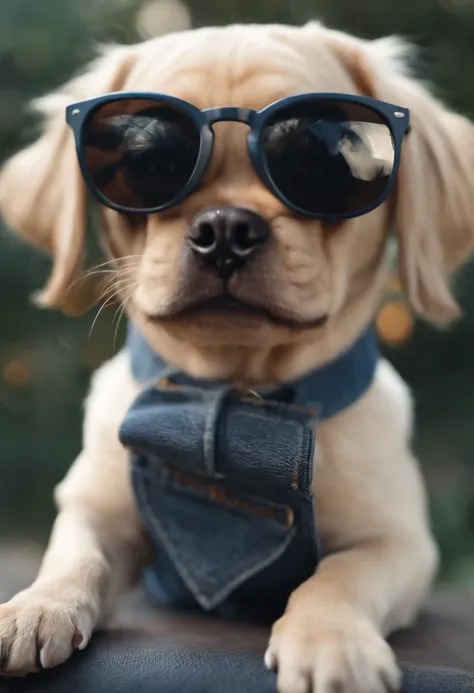 Pixar. Casal com um filhote de cachorro pug abricot. A menina tem 28 anos, cabelos castanho claro solto,olhos castanhos, Camiseta cinza e jeans claro, white glasses. O menino tem 38 anos,cabelos pretos com cabelos grisalhos,olhos verdes, oculos escuro, Dar...