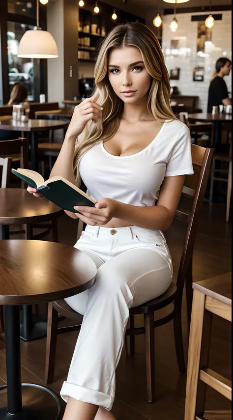 Foto hiperrealista en primer plano de Emily Sears , sitting on chair at the table in coffee shop, she is reading a book, she is not looking to camera, straight blonde hair, detailed face, wear in white casual t=shier and luxury pants, high quality, photore...