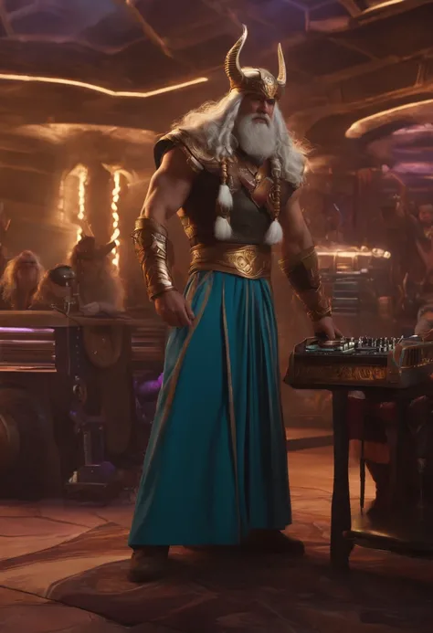 Odin wearing headphones in Asgard with a DJ mixer and Thor dancing funk in Zeuzs skirt