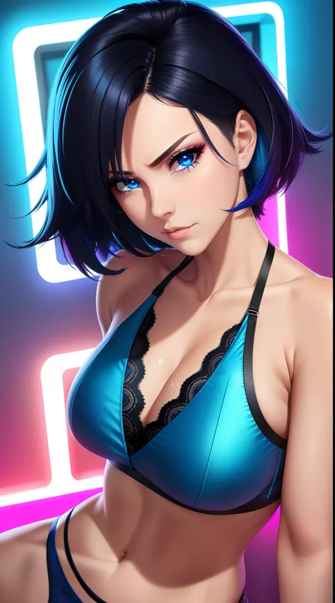 Mulher de 25 anos, corpo inteiro, adulto, nua, water-colored dark blue eyes, glowing neon lighting, Black Bob Cabelo Curto, Traje de clube de strip, lace underwear, serious face, Realistic face resolution, Realistic, HD resolution