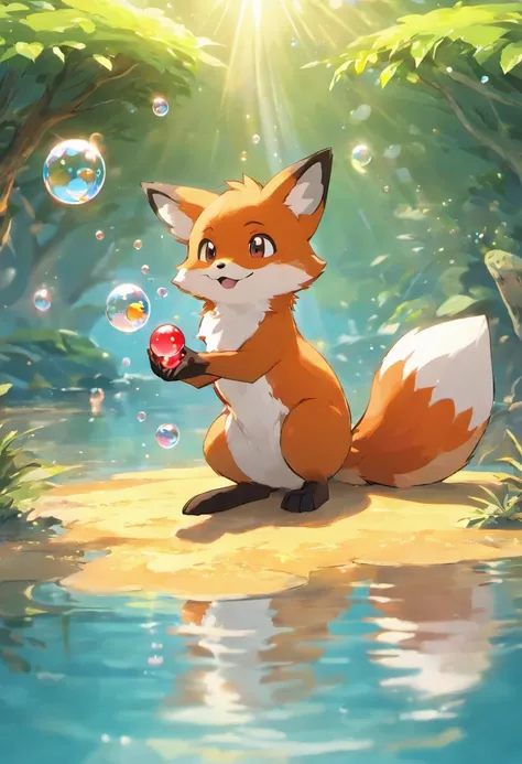 A heartwarming scene in ultra-high-definition 3D showing a fiery red fox making a wish next to a tranquil lake. Essa raposa vermelha, lindamente renderizado em detalhes, It is seen gently blowing bubbles into the lava, each carrying a hopeful desire. As bo...