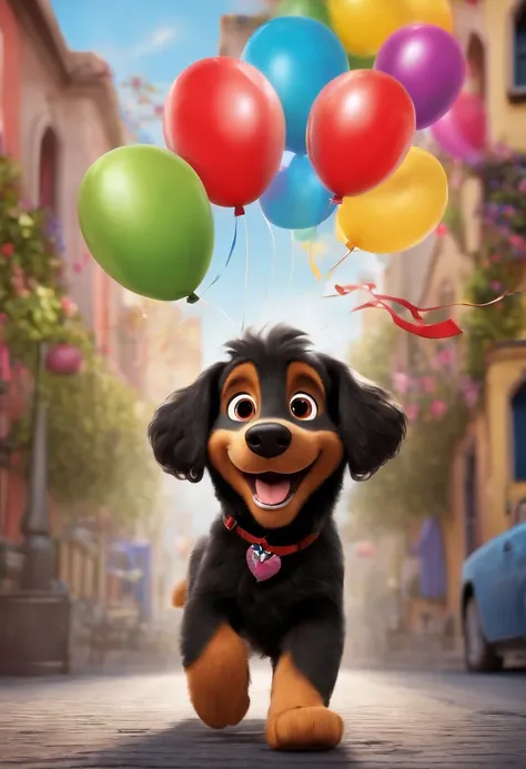 Poster 3D inspirado na Disney/Pixar, A scene with a hairy dog with big ears, cabelo preto e um cavanhaque castanho, with a red bow on his head, Happy running after colorful balloons on the street, signs with the name BLACK and a girl with shoulder-length c...