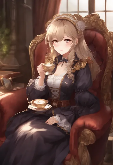 Anime girl sitting in chair with cup of coffee in hand, menina alquimista, arte da capa da light novel, Arte Oficial, epic light novel art cover, arte oficial, epic light novel cover art, Loli, Isekai, Loli curva pequena, Kushat Krenz, kushat kurenz arte c...