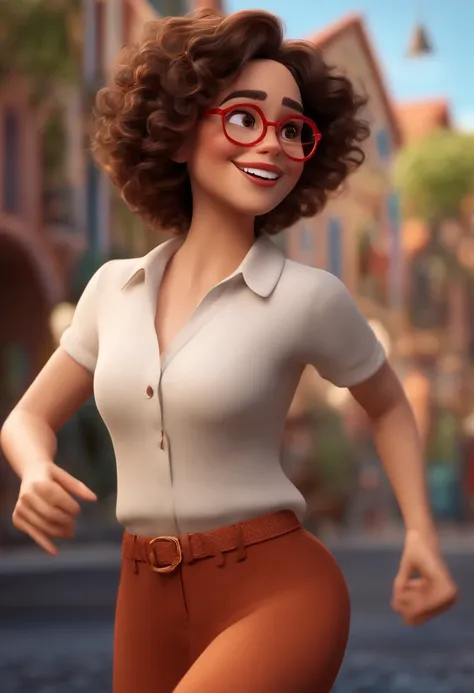 Pixar style image with 3D character white glasses brunette woman short curly hair dancing, Maquiagem Disney,Pescador, bonitinho, sorridente ,Close-up, Pixar, Disney, Cinema lighting,