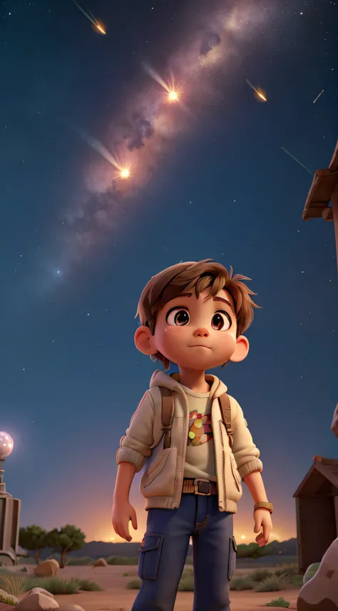 masterpiece: a child on Earth looks at a meteor shower, meteors falling from the sky, space galactic background, dynamic lighting, vibrant color. (best quality, 8k, highres, masterpiece: 1.2)