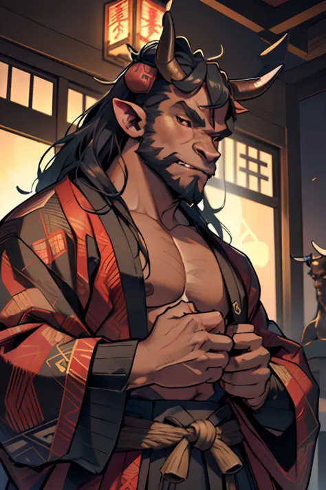 Best quality, 8k, realism, samurai, minotaur samurai, kimono, (wool:1.2), (bulls head), (the minotaur:1.5), (hooves:1.5), minotaur body, mane, beard, huge body size, huge hands, (waist-high image:1.3), dark skin, high growth