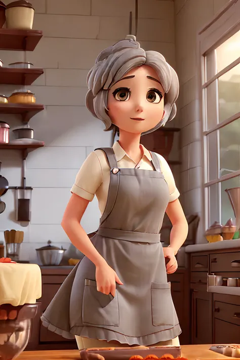 ((("Woman, woman with short gray hair, eyes, singing in apron, making sweets in the kitchen. De frente para seu ecpectador .