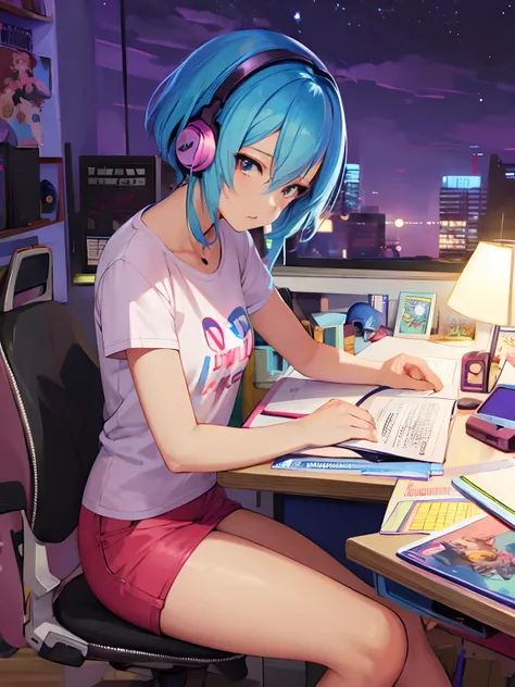 anime girl with blue hair and headphones sitting at a desk, digital anime illustration, busy night, inspired by Rei Kamoi, 8 0 s anime vibe, 2d art, 2 d art, official fanart, in the art style of 8 0 s , dynamic angle, desk light, pink t-shirt, tanned skin,...