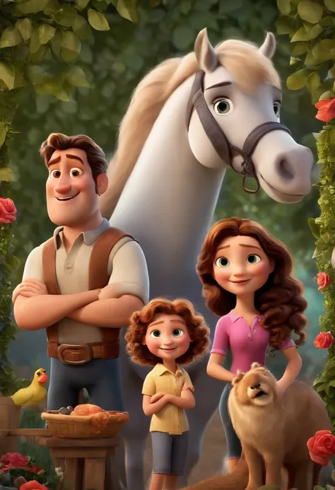 a Disney Pixar movie poster showing a white-skinned family. The father is the tallest, Tem barba curta, loiro, cabelos curtos e espinhosos. The mother has brown eyes and hair, shoulder-length and is slightly overweight. A menina tem 4 anos e cabelos castan...