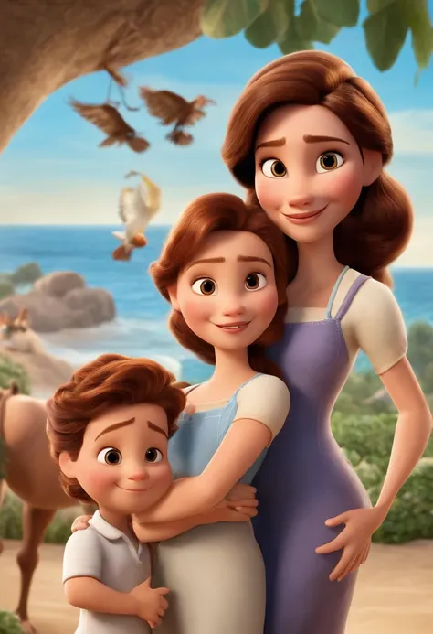 a Disney Pixar movie poster showing a white-skinned family. The father is the tallest, Tem barba curta, loiro, cabelos curtos e espinhosos. The mother has brown eyes and hair, shoulder-length and is slightly overweight. A menina tem 4 anos e cabelos castan...