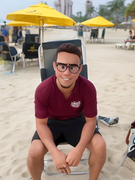 Desenho animado de um jovem de cabelo preto e oculos, usando camisa cor de vinho, sentado em uma cadeira na praia, no estilo pixar disney.