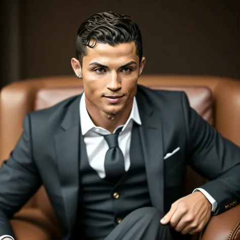 A professional photograph of Cristiano Ronaldo sitting in a dark brown leather armchair, wearing an elegant well-fitting black suit. He stares at the camera, a determined, confident expression on his face. The focus is on Ronaldos face, highlighting his pi...