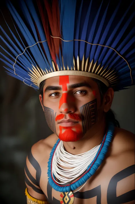 um close up de um homem com um cocar emplumado e uma pintura facial, indigenous man, amazon indian peoples in brazil, ayahuasca shaman, Retrato de um guerreiro, marcas tribais faciais, pintura do rosto do guerreiro vermelho, Indigenous, pintura facial trib...