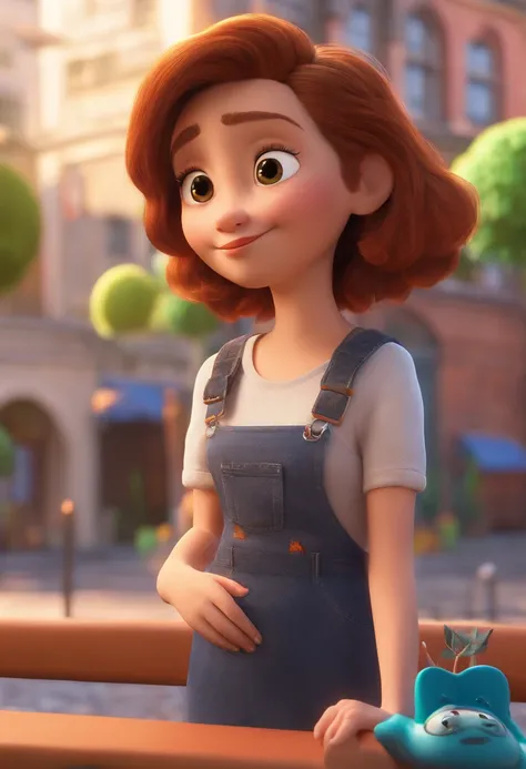 filme Marketing 2023 estilo filmes Pixar, Com nome "N - Marketing", poster, With short, lighter brunette hair and a black t-shirt in front of her crossed arms.