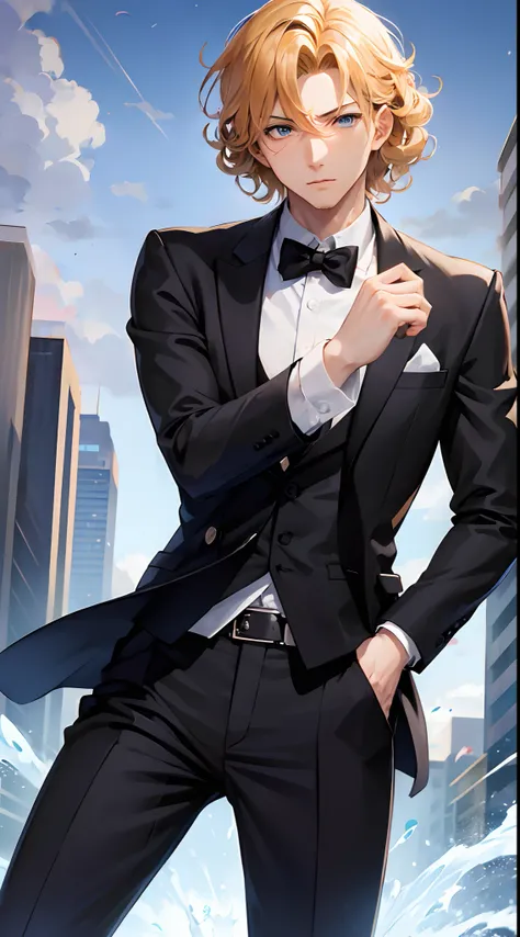 40 year old, 1men, anime style, Anime men wearing Tuxedo Suit, light golden blonde curly hair, blue eyes colour, pose picture of his Action/Dynamic pose, straight on street of towers, anime art wallpaper, detailed, 8k, high quality