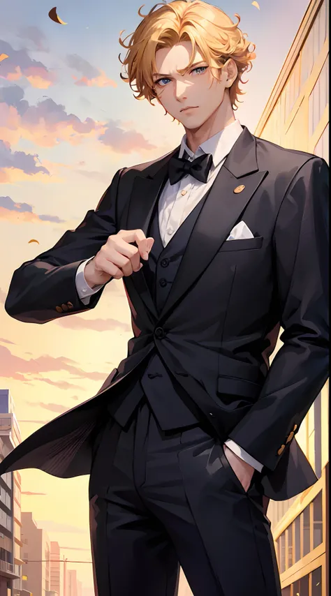 40 year old, 1men, anime style, Anime men wearing Tuxedo Suit, light golden blonde curly hair, blue eyes colour, pose picture of his Action/Dynamic pose, straight on street of towers, anime art wallpaper, detailed, 8k, high quality