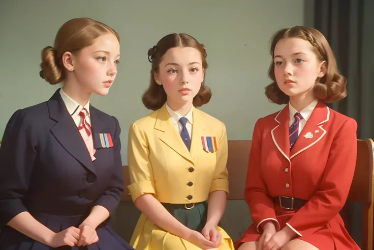 year: 1946. Location: England. Pre-Raphaelite 13-year-old school girls, yellow uniform, boarding school, Malory Towers, ((((school Clothing from the 1940s)))) ((Hairstyle of the 1940s)), ((("OMITB" cinematography)))